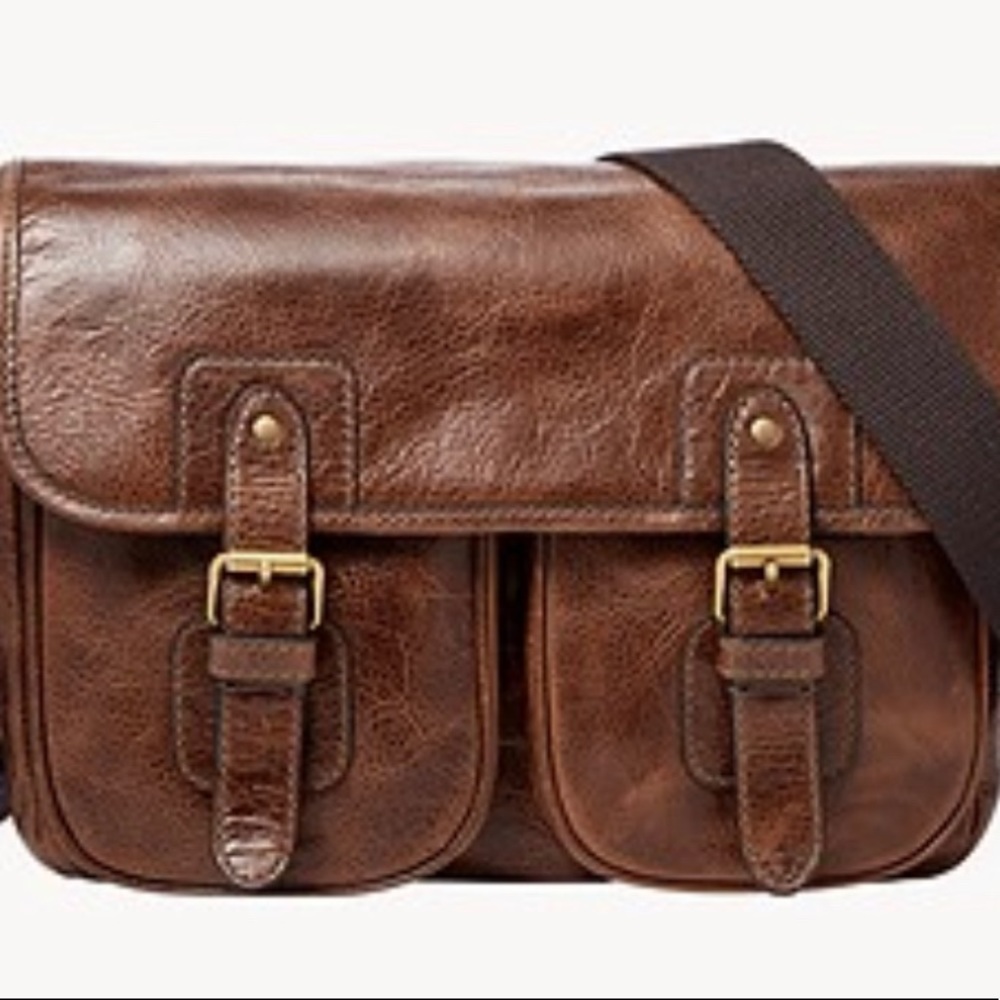 FOSSIL Real Leather Greenville Courier, Cognac